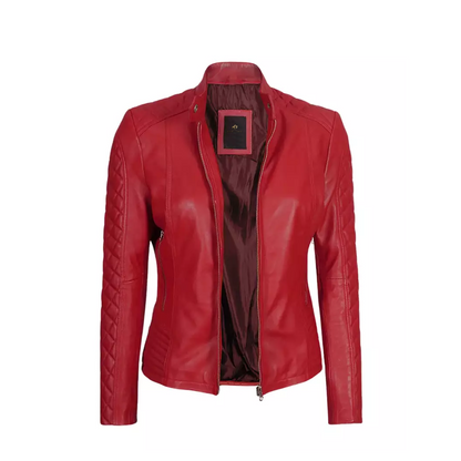 Women Cafe Racer Red Quilted Jacket