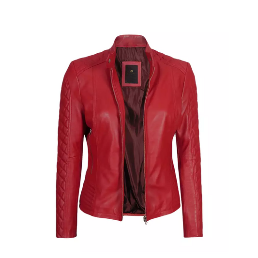 Women Cafe Racer Red Quilted Jacket