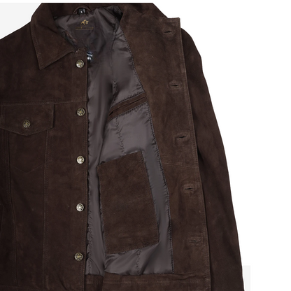 Men’s Real Dark Brown Suede Trucker Style Jacket