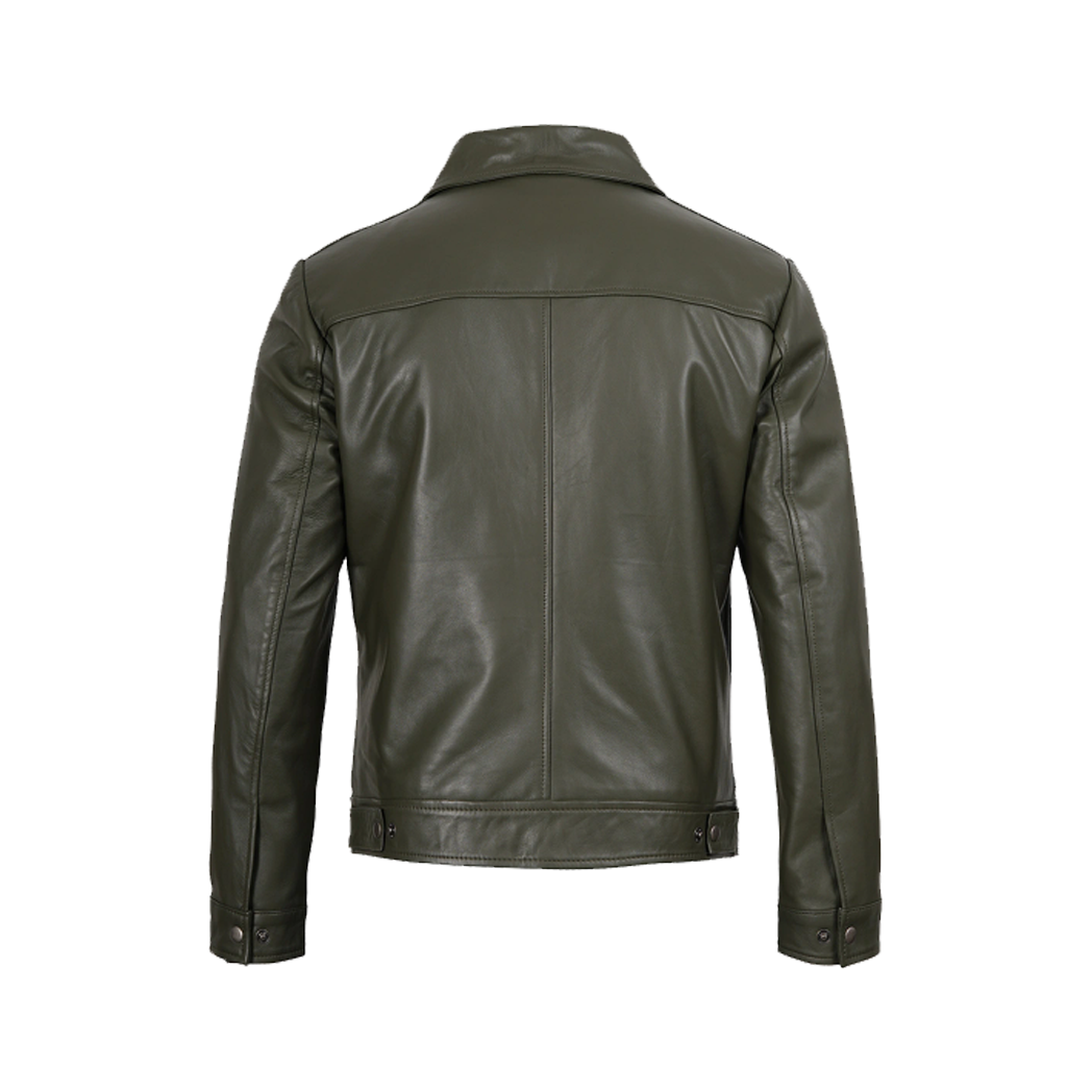 Men’s Classic Shirt Collar Olive Green Leather Jacket