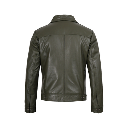 Men’s Classic Shirt Collar Olive Green Leather Jacket