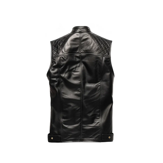 Men Black Quilted Style Leather Vest