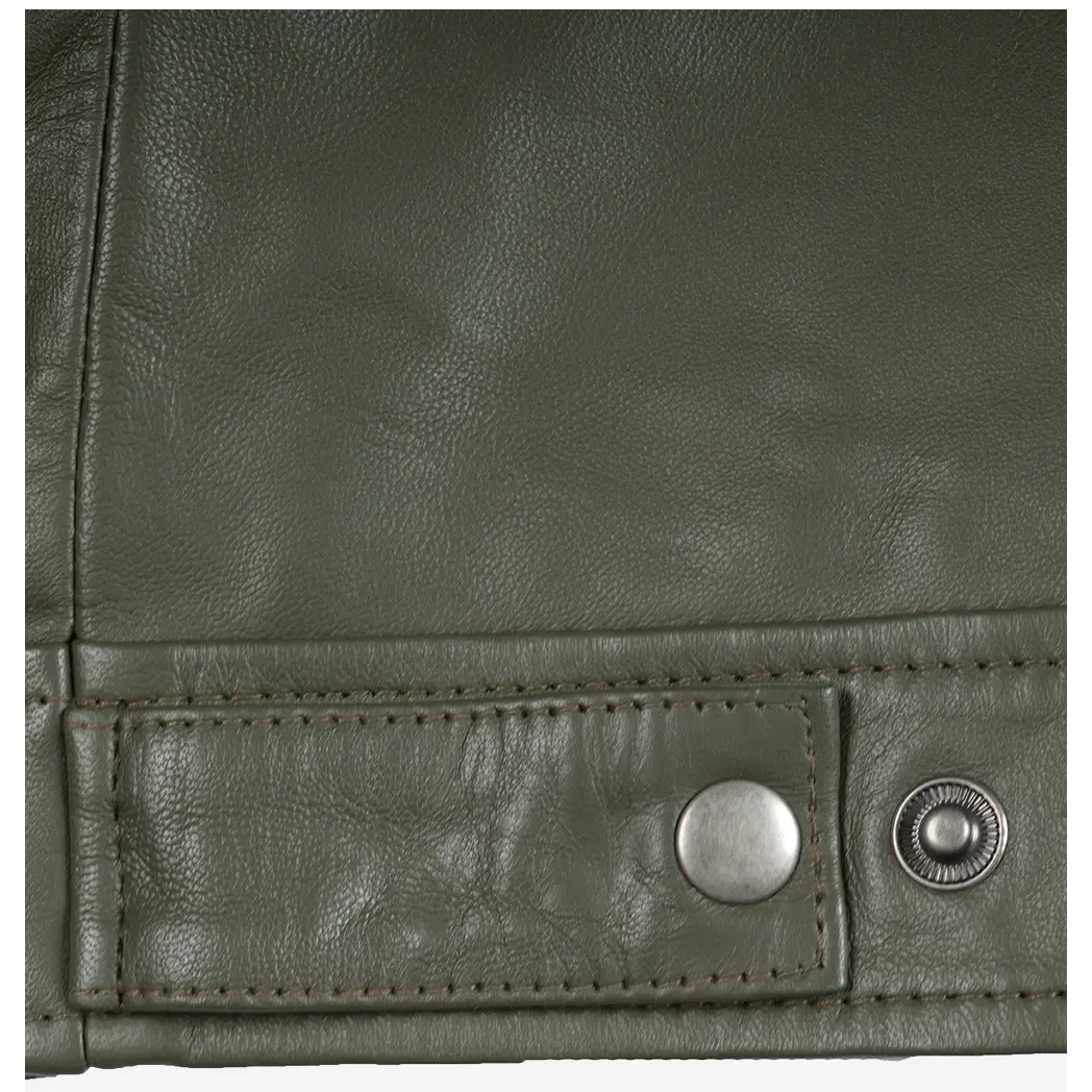 Men’s Classic Shirt Collar Olive Green Leather Jacket