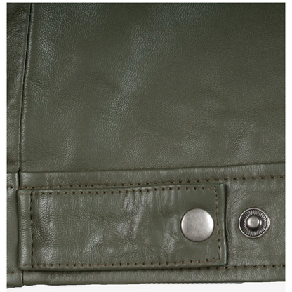 Men’s Classic Shirt Collar Olive Green Leather Jacket