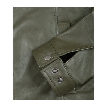 Men’s Classic Shirt Collar Olive Green Leather Jacket