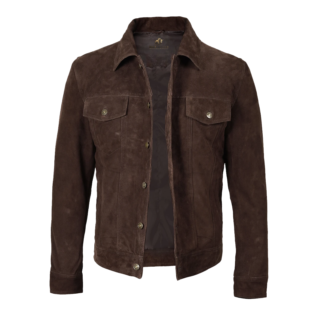 Men’s Real Dark Brown Suede Trucker Style Jacket