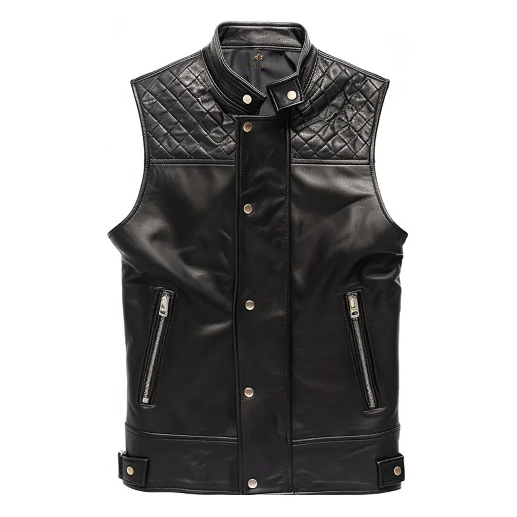 Men Black Quilted Style Leather Vest