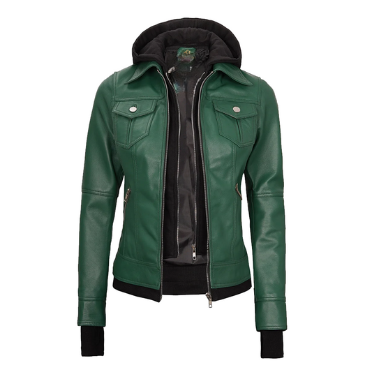 Womens Green Bomber Leather Jacket