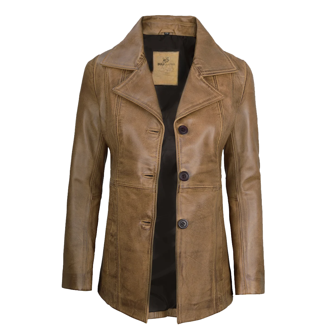 Women’s Three Button Camel Brown Leather Blazer
