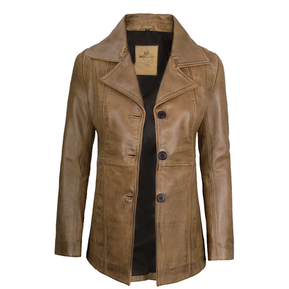 Women’s Three Button Camel Brown Leather Blazer