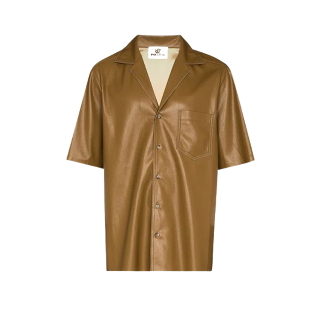 Women's Half Sleeves Khaki Leather Shirt