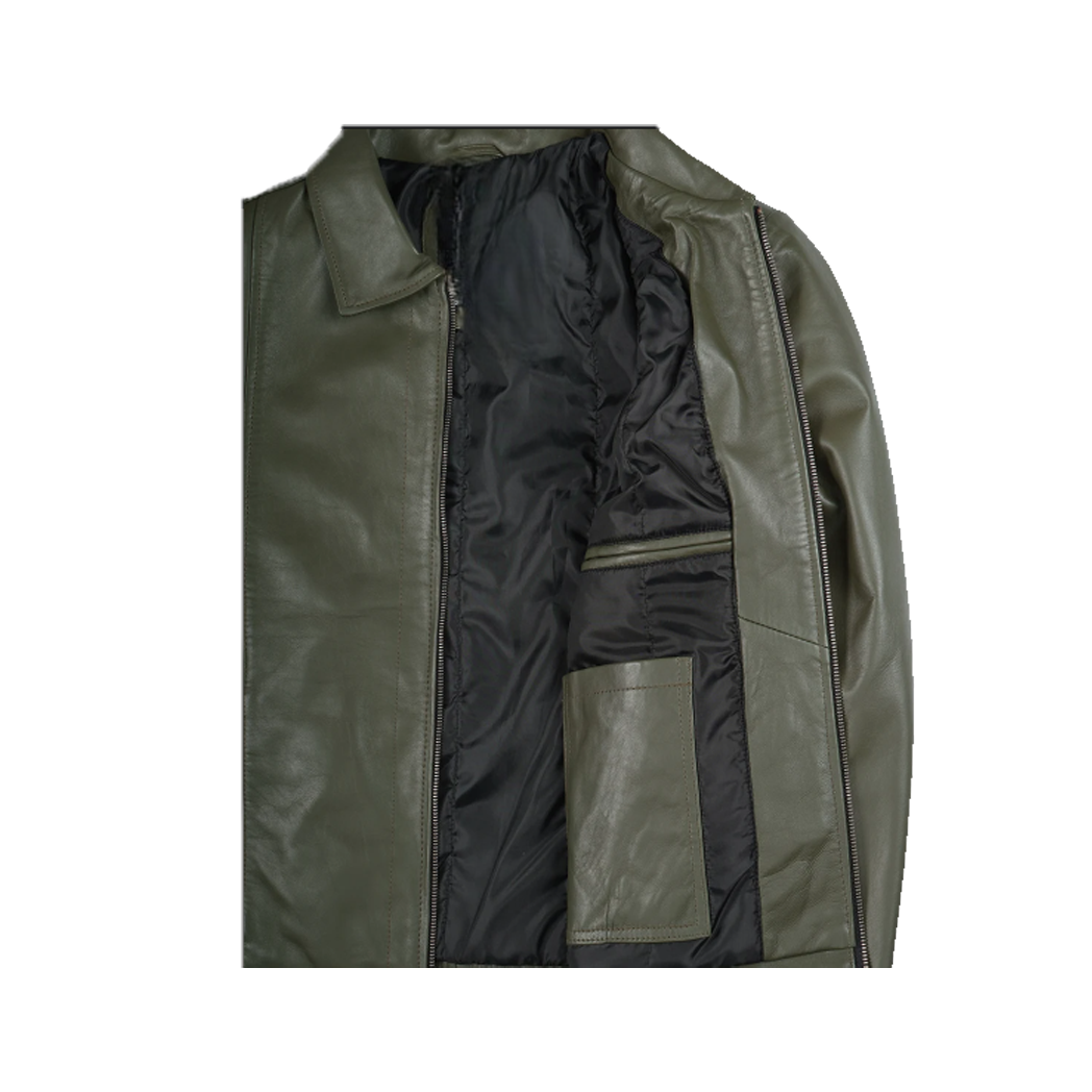 Men’s Classic Shirt Collar Olive Green Leather Jacket