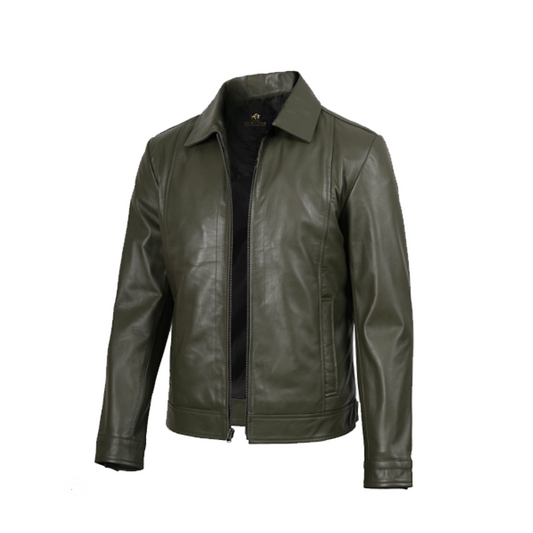 Men’s Classic Shirt Collar Olive Green Leather Jacket