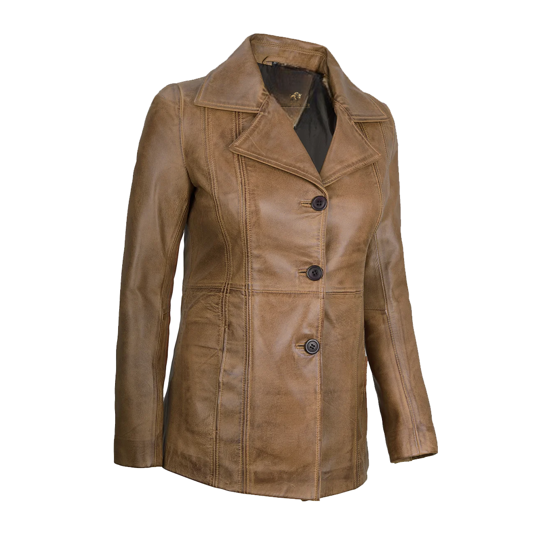 Women’s Three Button Camel Brown Leather Blazer