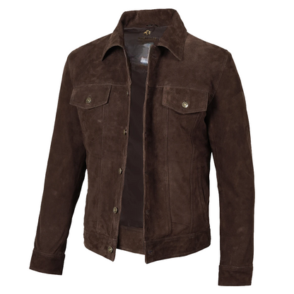 Men’s Real Dark Brown Suede Trucker Style Jacket