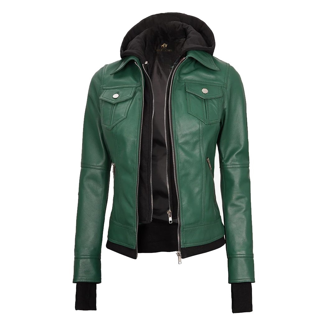Womens Green Bomber Leather Jacket