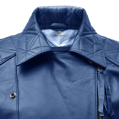 Women’s Blue Asymmetrical Biker Leather Jacket