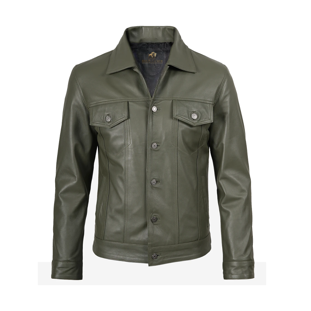 Men’s Four Pockets Olive Green Trucker Leather Jacket
