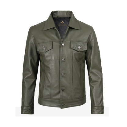 Men’s Four Pockets Olive Green Trucker Leather Jacket
