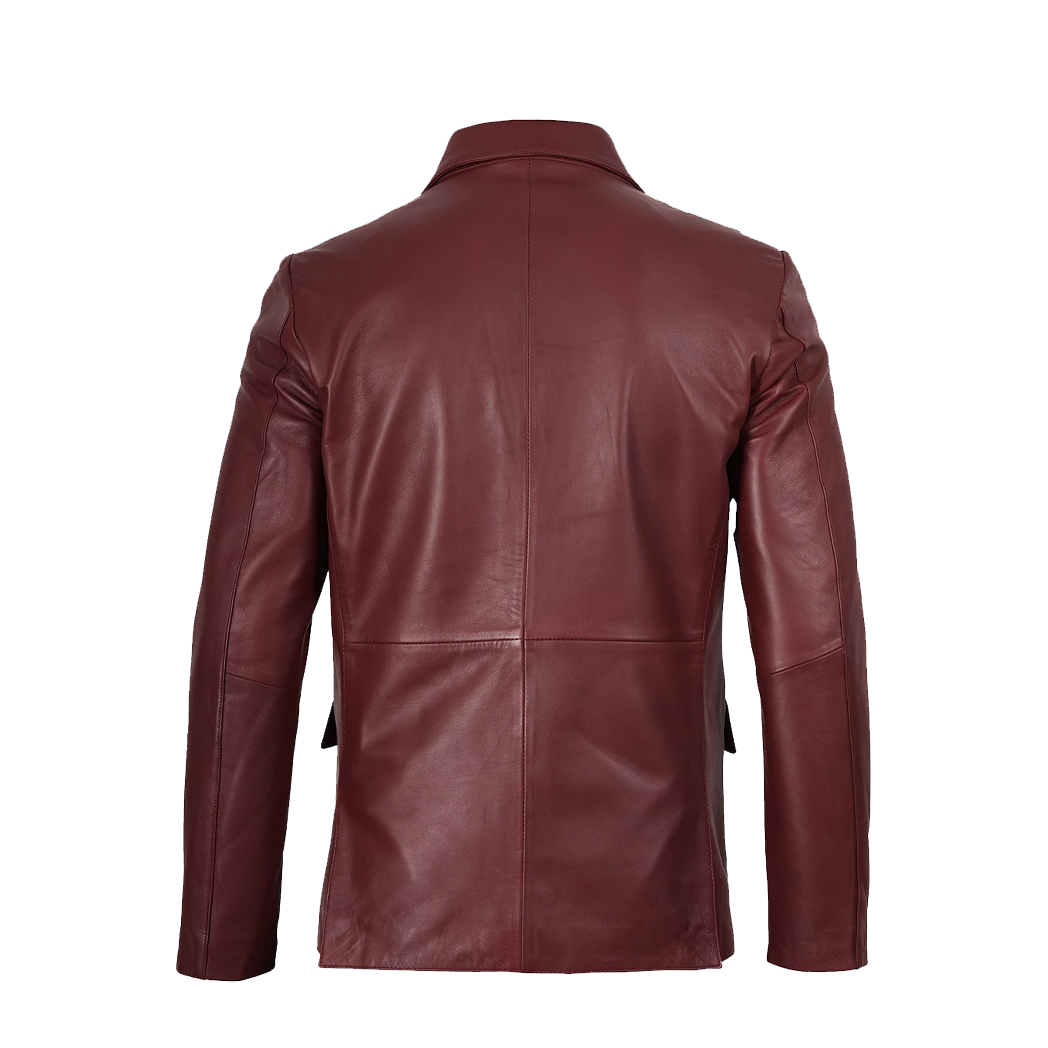 Men’s Notch Lapel Maroon Leather Blazer
