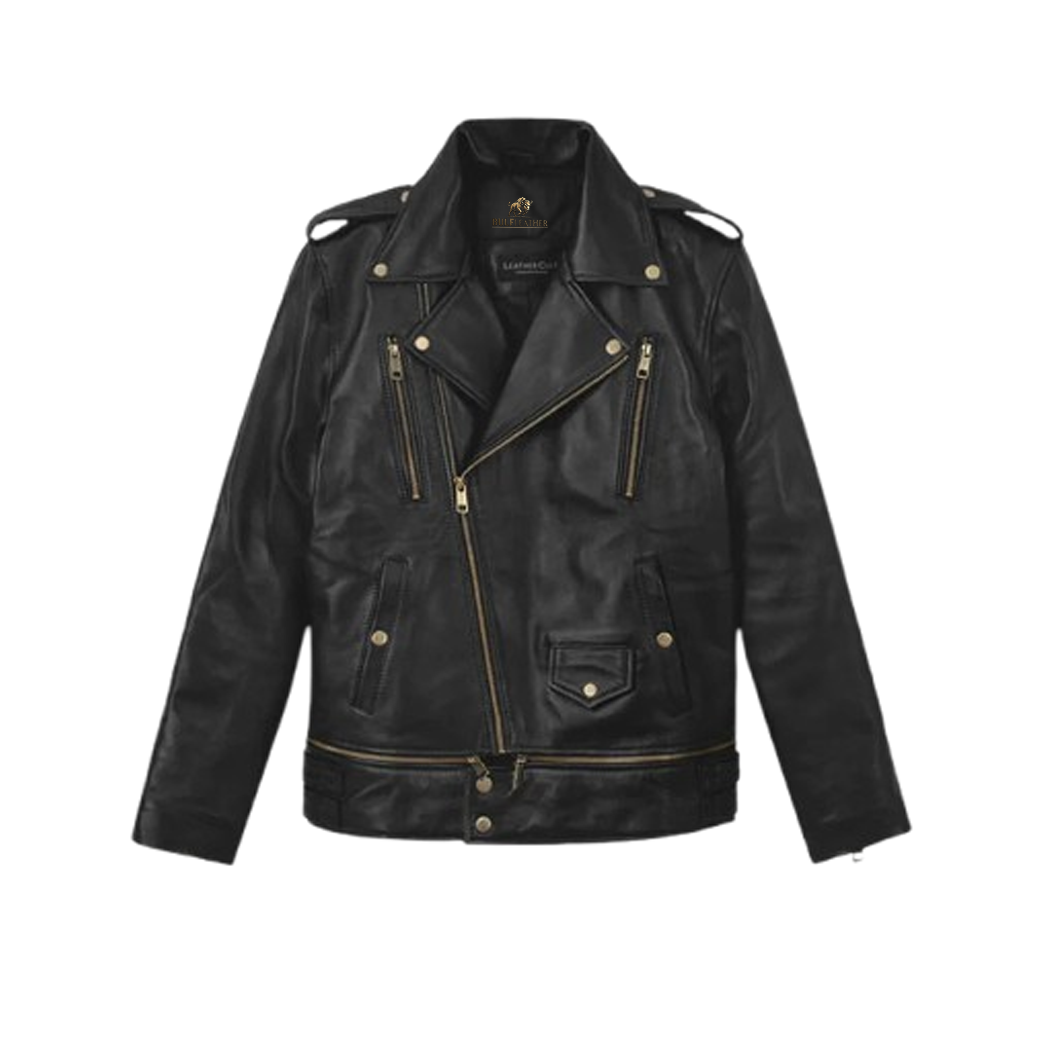 Mens Black Trooper Biker Leather Jacket