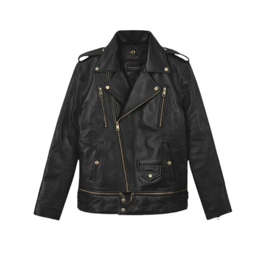 Mens Black Trooper Biker Leather Jacket