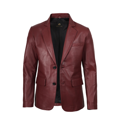 Men’s Notch Lapel Maroon Leather Blazer