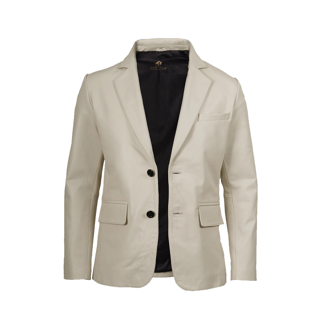 Men’s Two Button Notch Lapel White Leather Blazer