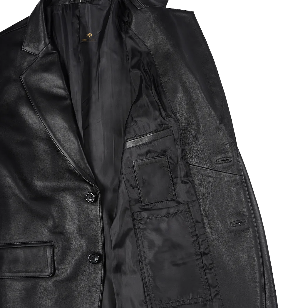 Mens Notch Lapel Two Button Black Leather Blazer