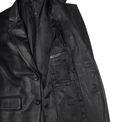 Mens Notch Lapel Two Button Black Leather Blazer