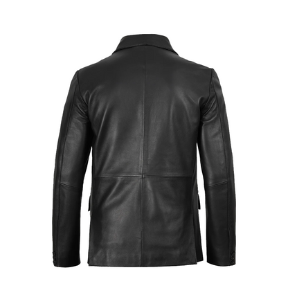 Mens Notch Lapel Two Button Black Leather Blazer