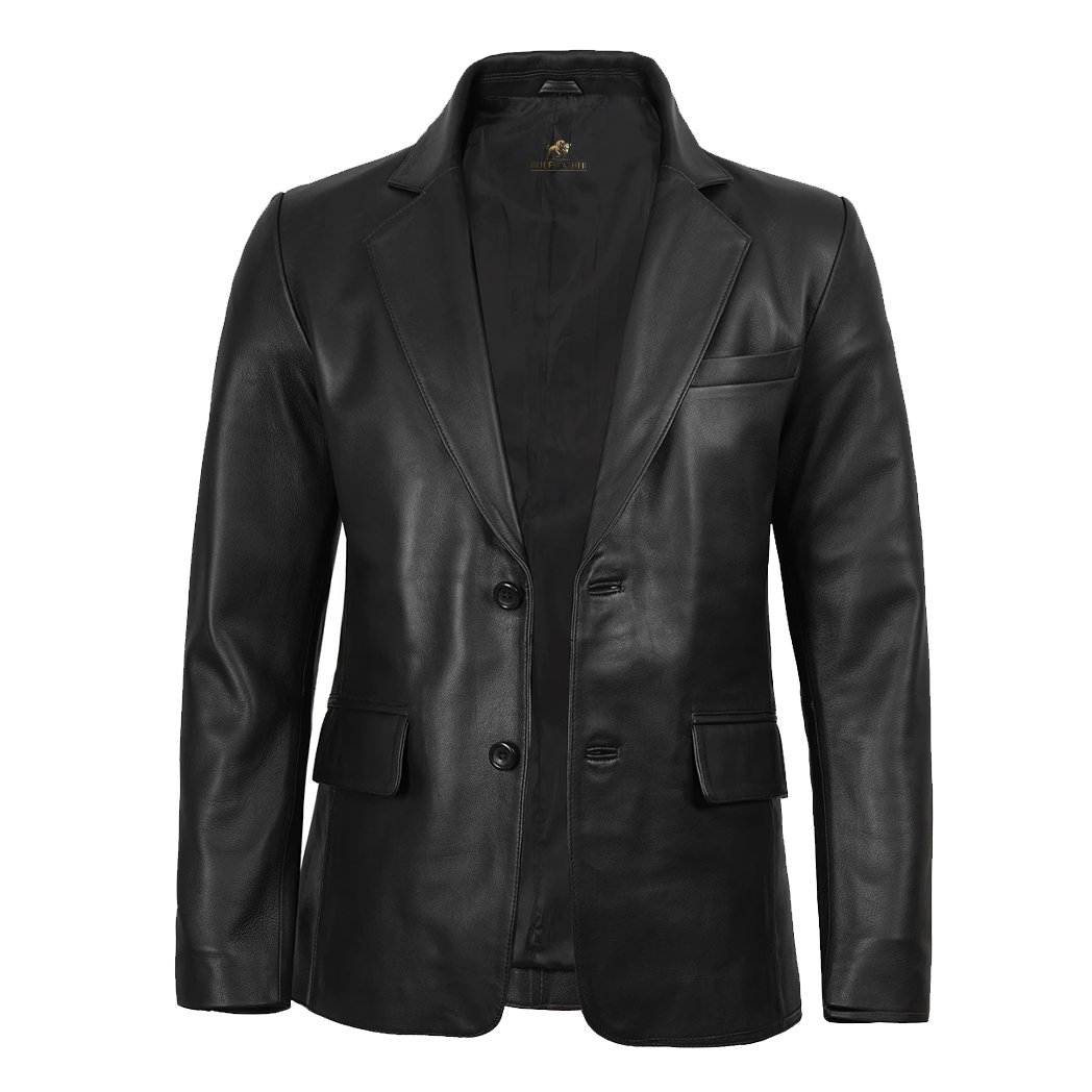 Mens Notch Lapel Two Button Black Leather Blazer