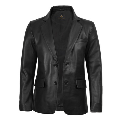 Mens Notch Lapel Two Button Black Leather Blazer