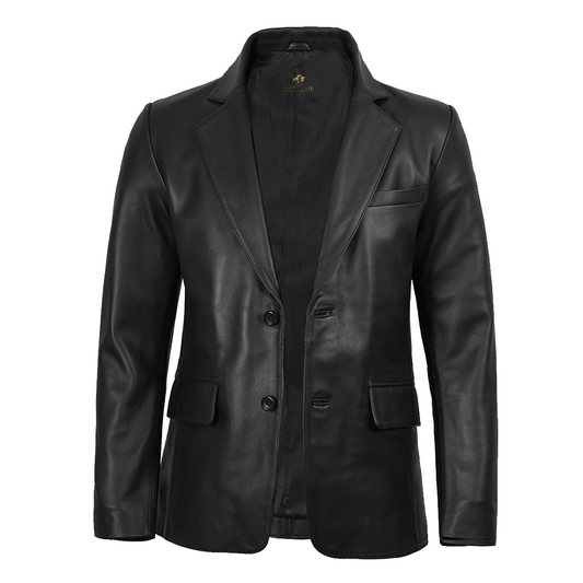 Mens Notch Lapel Two Button Black Leather Blazer