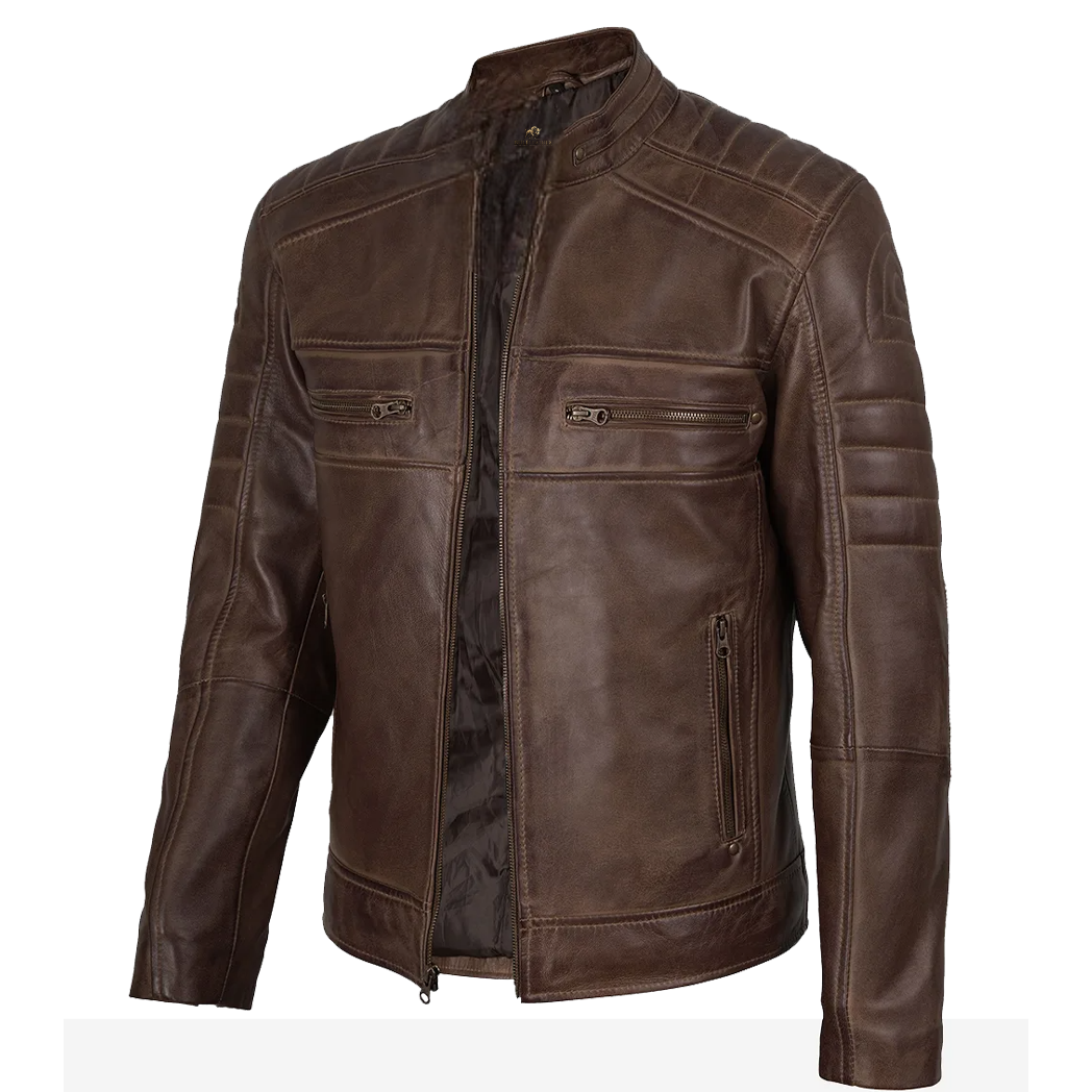 Men’s Coffee Brown Distressed Leather Jacket