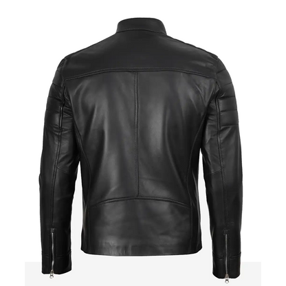 Mens Black Biker Style Leather Jacket With White Stripes