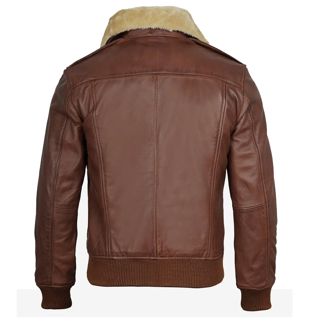 Men’s Fur Collar Brown Leather Bomber Jacket