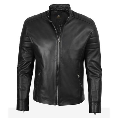 Mens Black Biker Style Leather Jacket With White Stripes