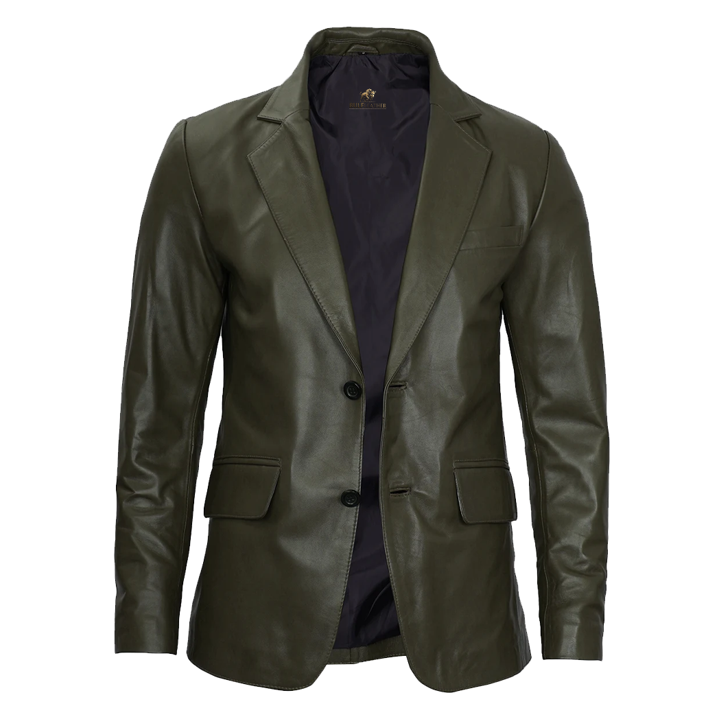 Mens Two Button Olive Green Leather Blazer