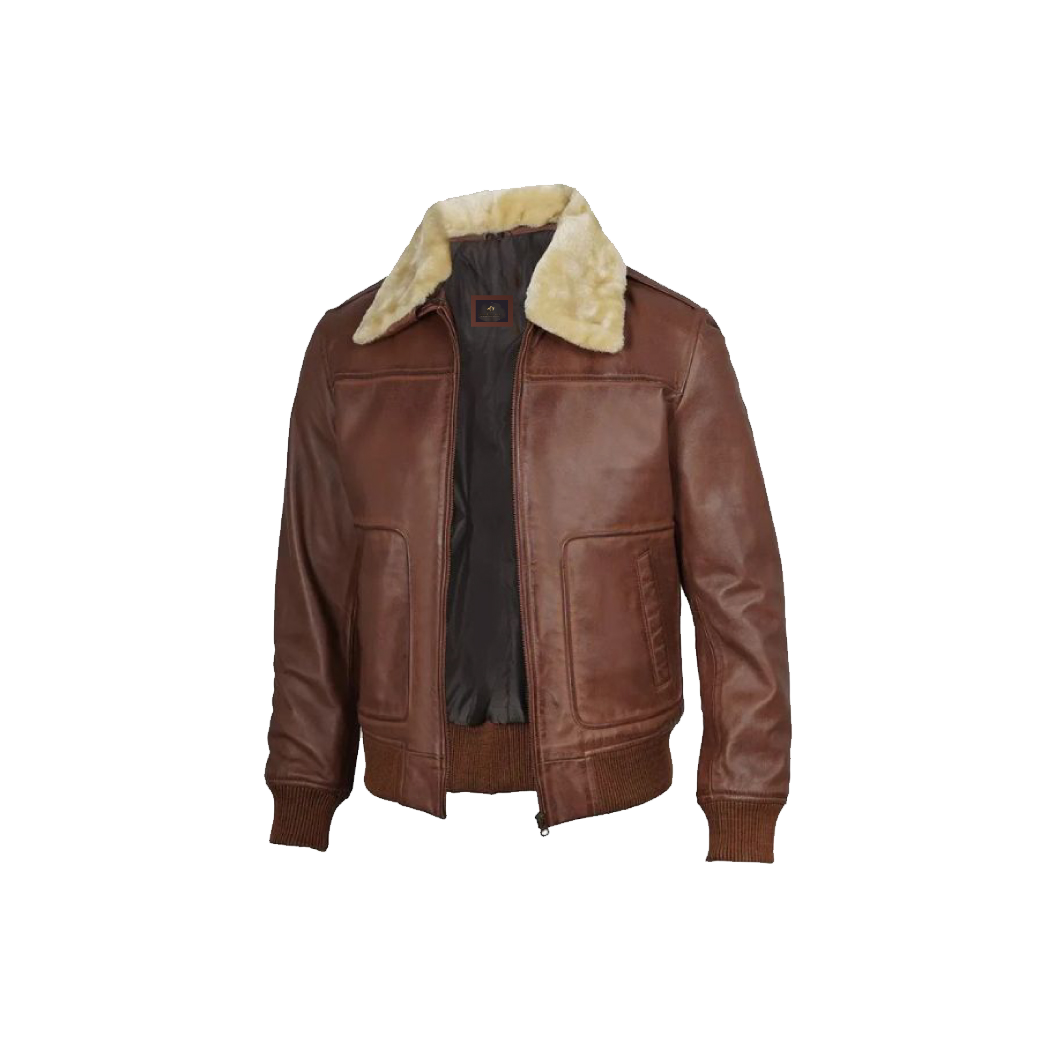 Men’s Fur Collar Brown Leather Bomber Jacket