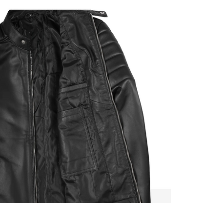 Mens Black Biker Style Leather Jacket With White Stripes