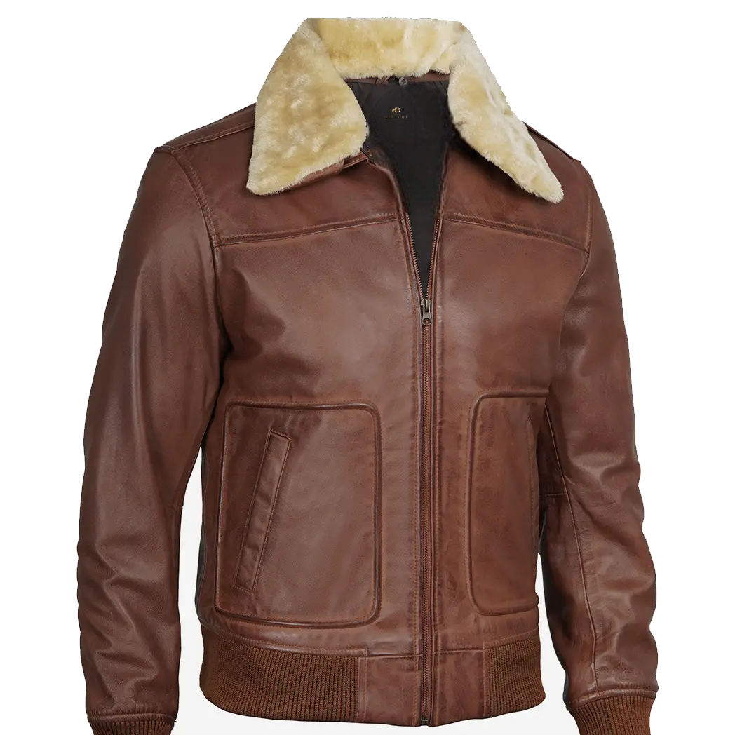 Men’s Fur Collar Brown Leather Bomber Jacket