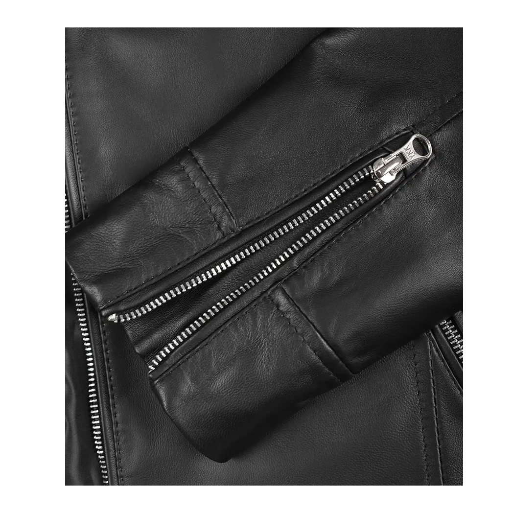 Mens Black Biker Style Leather Jacket With White Stripes