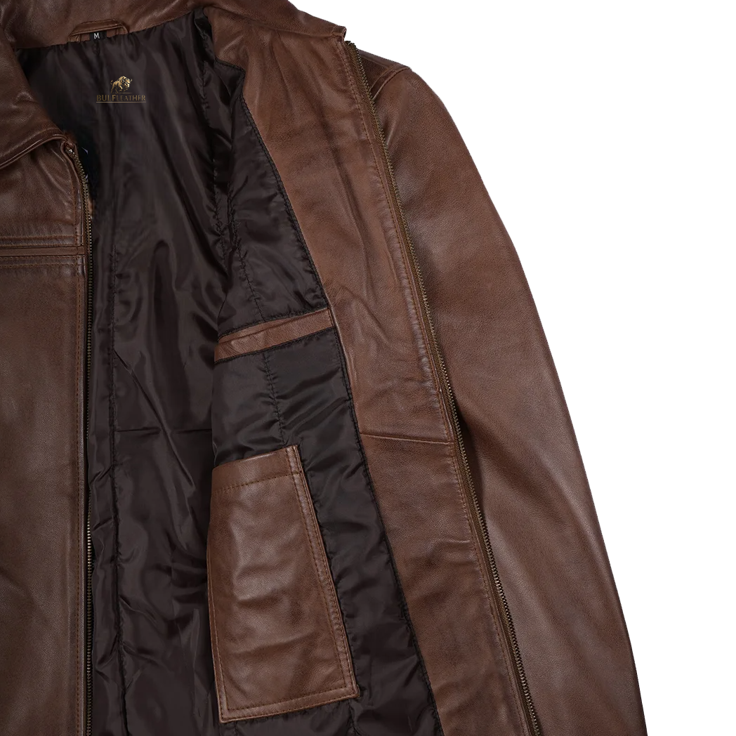 Mens Shirt Collar Brown Leather Jacket