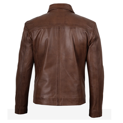 Mens Shirt Collar Brown Leather Jacket
