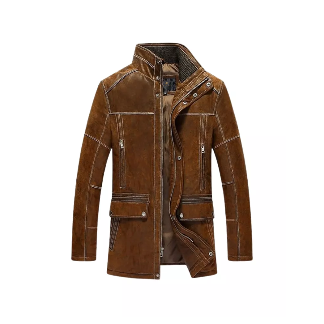 Men’s Vintage Standing Collar Brown Winter Coat