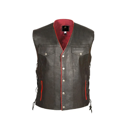 Mens Black Leather Vest with Red Lining