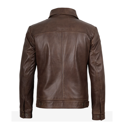 Reeves Mens Shirt Collar Brown Leather Jacket