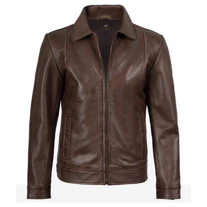 Reeves Mens Shirt Collar Brown Leather Jacket