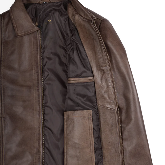 Reeves Mens Shirt Collar Brown Leather Jacket